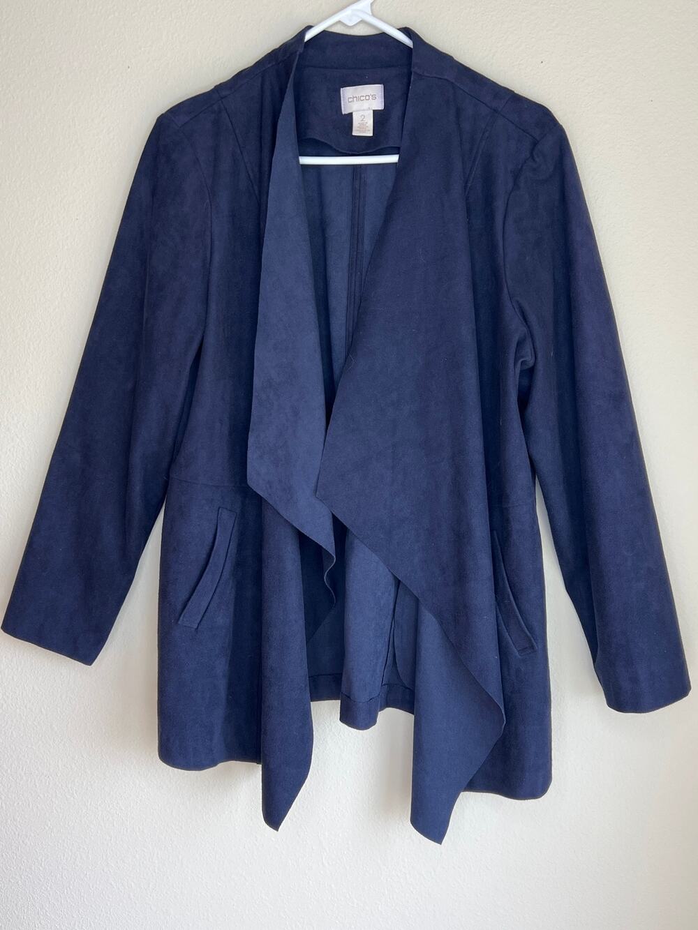 Chicos Size 2 Large Navy Blue Faux Suede Drape Front Open Cardigan Jacket